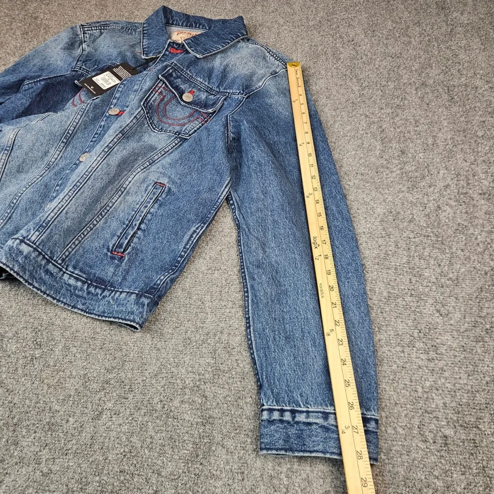 True Religion Mens Denim Jacket Medium Blue Quartz Wash Buddha Print 701133 XL